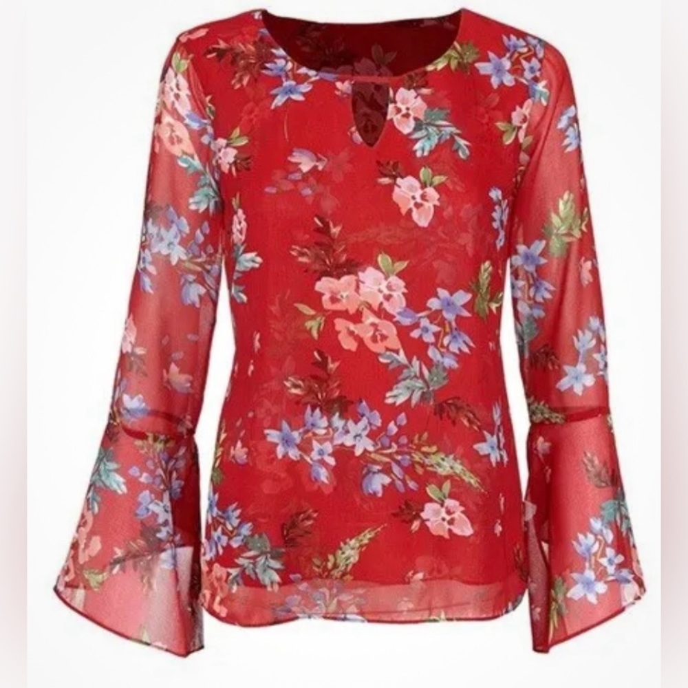 Sold~Cabi Devoted Blouse Red Floral Bell Sleeves Multi Color Layered Top, Size L - Picture 1 of 9